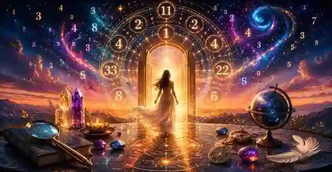 Destiny Number Meaning In Numerology 2 Person walking toward a glowing portal surrounded by destiny numbers, master numbers, and cosmic energy representing spiritual growth.