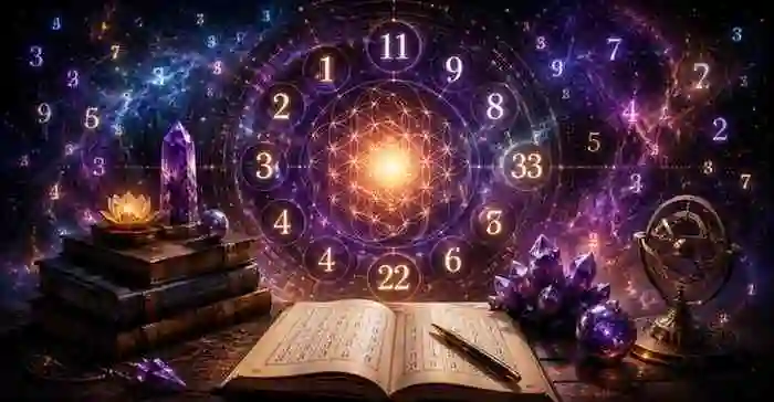 Destiny Number Meaning In Numerology 3 An intricate numerology scene showcasing destiny number calculations, master numbers, sacred geometry, and mystical tools used to understand personality traits, soul purpose, and life path guidance.