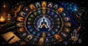 Meditative figure surrounded by Major Arcana symbols representing core arcana, karmic lessons, and soul purpose.