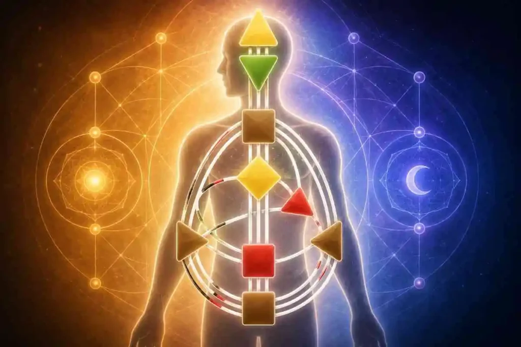 Illustration of a Destiny Matrix chart with an octagram-style layout representing interconnected numerology energies and life areas.
