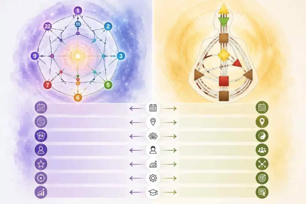 Visual of a Destiny Matrix vs. Human Design BodyGraph using symbolic diagrams and geometric layouts.
