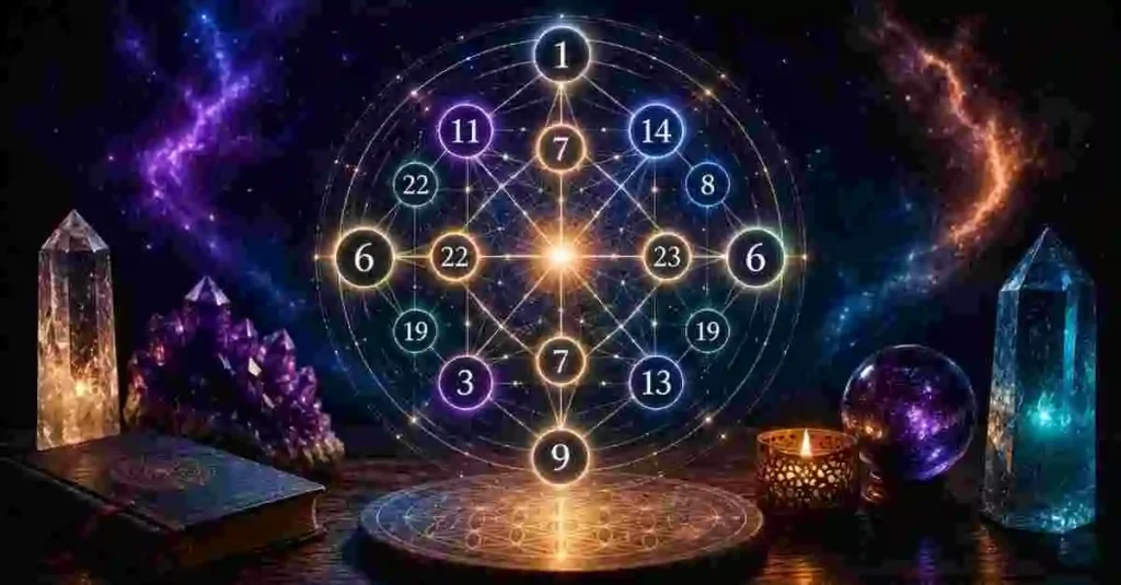 Destiny Matrix Calculator: How to Calculate Read & Understand Your Chart 2 Destiny Matrix Calculator of destiny chart surrounded by crystals and cosmic energy illustrating numerology insights, karmic lessons, and spiritual growth.
