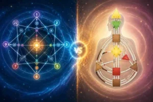 Split illustration showing a Destiny Matrix vs Human Design BodyGraph, highlighting two different self-discovery systems.