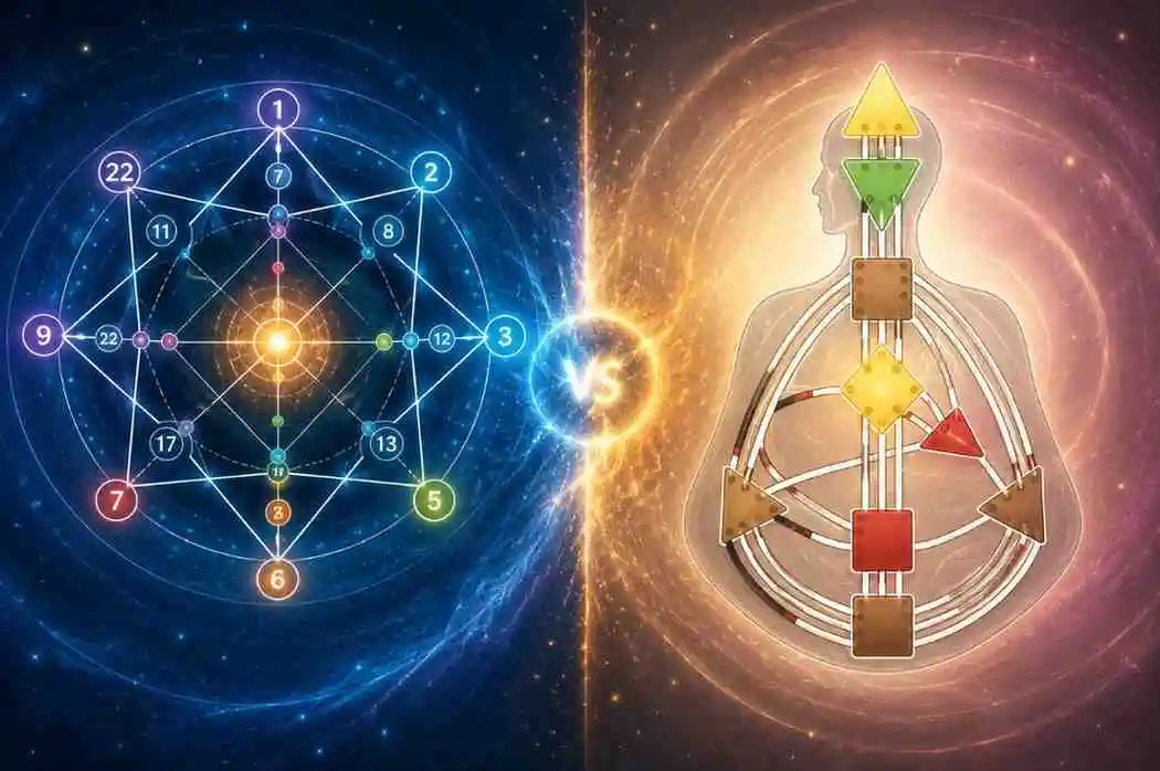 Split illustration showing a Destiny Matrix vs Human Design BodyGraph, highlighting two different self-discovery systems.