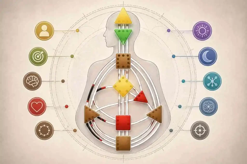 Stylized Human Design BodyGraph showing interconnected energy centers and channels within a human silhouette.
