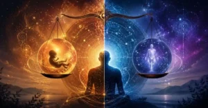 Life Path Number vs Destiny Number illustration featuring a cosmic scale balancing birth energy and spiritual energy, symbolizing life purpose, destiny, and numerology insights.