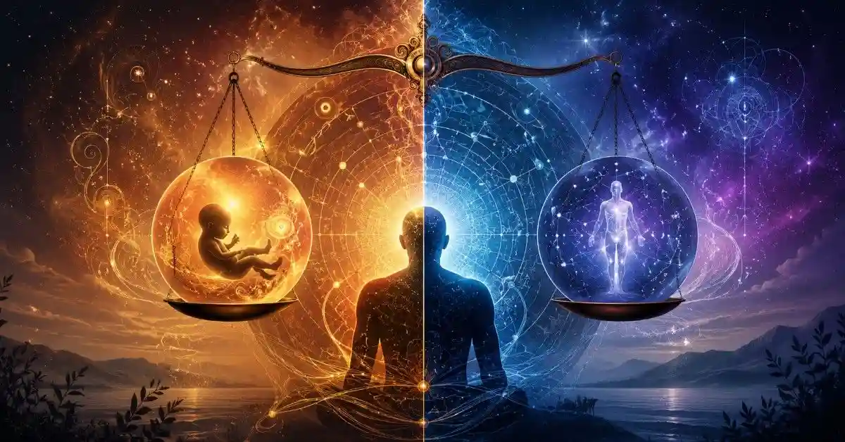 Life Path Number vs Destiny Number illustration featuring a cosmic scale balancing birth energy and spiritual energy, symbolizing life purpose, destiny, and numerology insights.