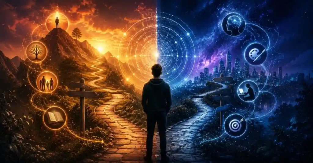 Life Path Number vs Destiny Number visual showing a person at a crossroads between two symbolic paths representing natural talents, life purpose, personal growth, and numerology meanings.