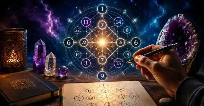 Destiny Matrix Calculator: How to Calculate Read & Understand Your Chart 3 Illuminated Destiny Matrix Calculator numerology chart with sacred geometric patterns, crystals, and celestial elements symbolizing self-discovery and personal transformation.